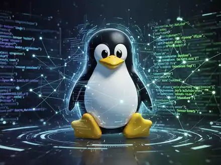 A stylized Linux penguin mascot integrated into a futuristic digital interface with glowing code lines and network connections. - Foto: über boerse-global.de