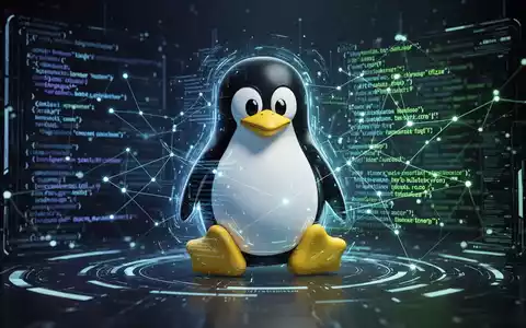 A stylized Linux penguin mascot integrated into a futuristic digital interface with glowing code lines and network connections. - Foto: über boerse-global.de