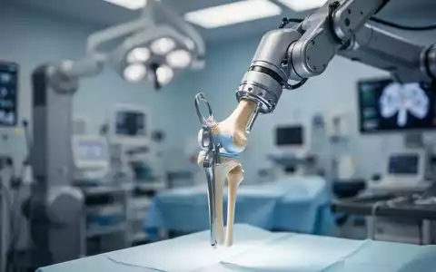 Roboterarm hält ein Kniegelenk-Implantat in einem Operationssaal, der Präzision und technologische Fortschritte in der Medizin symbolisiert. - Foto: über boerse-global.de