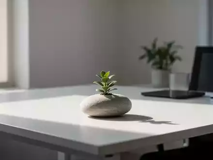 Ein minimalistischer Schreibtisch mit einem einzelnen Stein und einer kleinen Pflanze, ohne elektronische Geräte, in ruhigem Licht. - Foto: über boerse-global.de