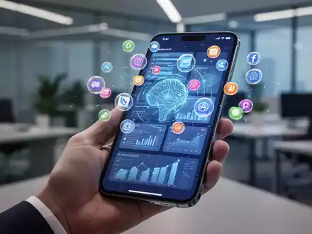 A hand holds a smartphone displaying a futuristic Android 17 interface with multiple floating app windows and AI elements. - Foto: über boerse-global.de