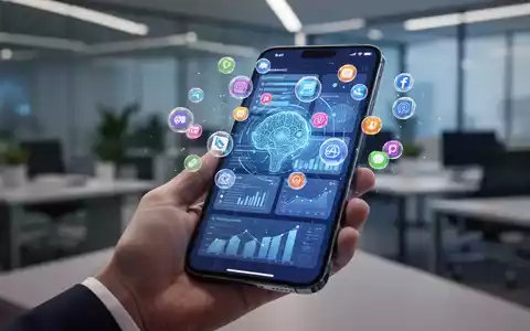 A hand holds a smartphone displaying a futuristic Android 17 interface with multiple floating app windows and AI elements. - Foto: über boerse-global.de