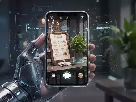 A hand holds a futuristic transparent smartphone displaying a camera app with augmented reality information over a blurred background. - Foto: über boerse-global.de
