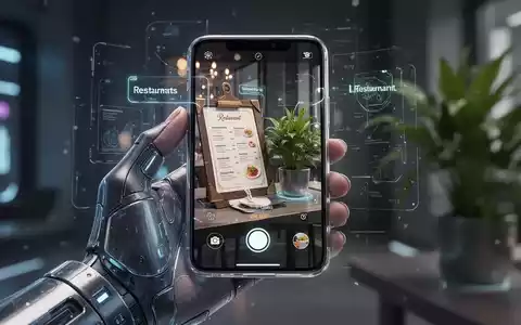 A hand holds a futuristic transparent smartphone displaying a camera app with augmented reality information over a blurred background. - Foto: über boerse-global.de
