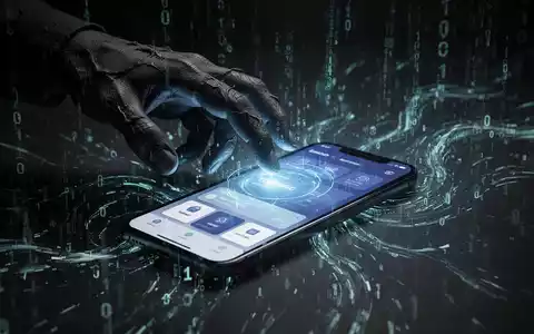 Eine bedrohliche digitale Hand stiehlt Daten von einem Smartphone, das Banking-Apps zeigt, umgeben von Binärcode. - Foto: über boerse-global.de