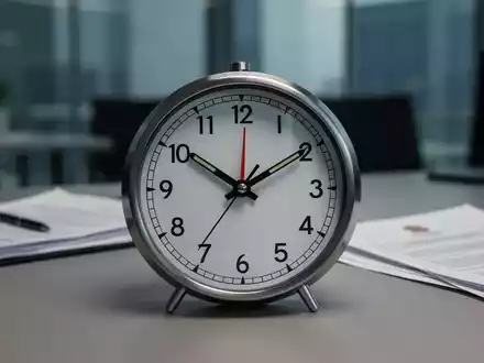 Eine Nahaufnahme einer modernen Analoguhr auf einem Schreibtisch, der Minutenzeiger über der 40-Minuten-Marke, im Hintergrund ein unscharfes Büro. - Foto: über boerse-global.de