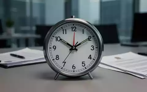 Eine Nahaufnahme einer modernen Analoguhr auf einem Schreibtisch, der Minutenzeiger über der 40-Minuten-Marke, im Hintergrund ein unscharfes Büro. - Foto: über boerse-global.de