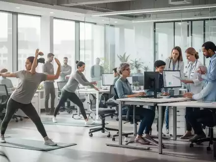 Mitarbeiter nehmen an einem betrieblichen Gesundheitsprogramm in einem modernen Büro teil, mit Fokus auf Ergonomie und Wohlbefinden. - Foto: über boerse-global.de