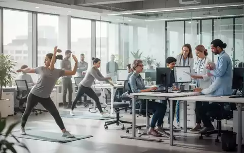 Mitarbeiter nehmen an einem betrieblichen Gesundheitsprogramm in einem modernen Büro teil, mit Fokus auf Ergonomie und Wohlbefinden. - Foto: über boerse-global.de