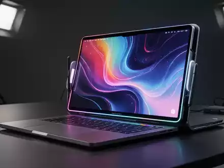 A sleek, futuristic MacBook Pro with a vibrant OLED touchscreen and a stylus magnetically attached to its side. - Foto: über boerse-global.de
