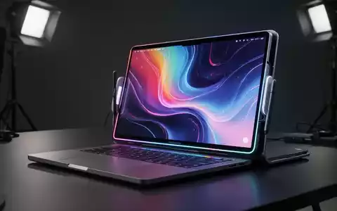 A sleek, futuristic MacBook Pro with a vibrant OLED touchscreen and a stylus magnetically attached to its side. - Foto: über boerse-global.de
