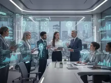 Eine futuristische Büroansicht mit schimmernden holografischen Bildschirmen, die KI-gestützte Kundendaten und Analysen anzeigen. - Foto: über boerse-global.de