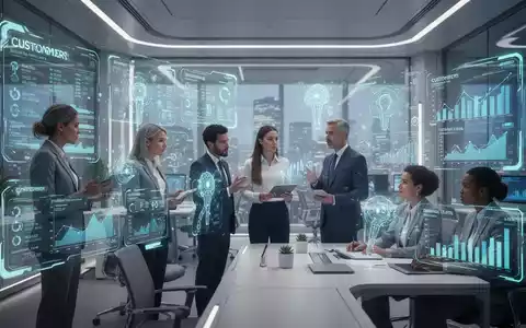 Eine futuristische Büroansicht mit schimmernden holografischen Bildschirmen, die KI-gestützte Kundendaten und Analysen anzeigen. - Foto: über boerse-global.de