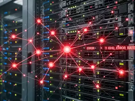 A digital network graph with glowing red error nodes overlaid on a server rack in a data center, symbolizing service disruption. - Foto: über boerse-global.de