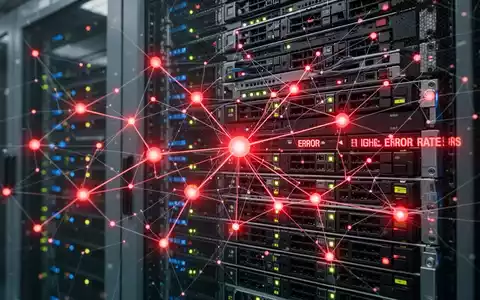 A digital network graph with glowing red error nodes overlaid on a server rack in a data center, symbolizing service disruption. - Foto: über boerse-global.de