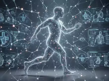 Eine stilisierte Darstellung eines Gehirns mit leuchtenden neuronalen Verbindungen, umgeben von technologischen Elementen und einer Person in Bewegung. - Foto: über boerse-global.de