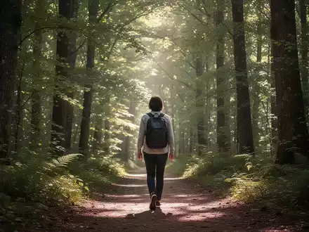 Eine Person geht auf einem Waldweg, umgeben von grünen Bäumen und natürlichem Licht, das durch das Blätterdach fällt. - Foto: über boerse-global.de