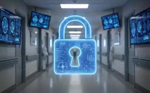 Ein leuchtend blaues Vorhängeschloss-Symbol über einem unscharfen Krankenhausflur mit digitalen Bildschirmen, das Datensicherheit symbolisiert. - Foto: über boerse-global.de