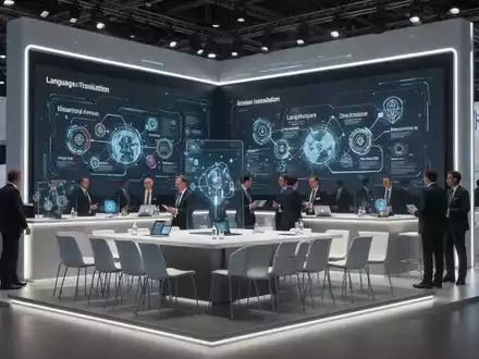 Ein moderner Messestand auf einer Technologieausstellung in Berlin, mit digitalen Anzeigen und professionellen Besuchern im Hintergrund. - Foto: über boerse-global.de