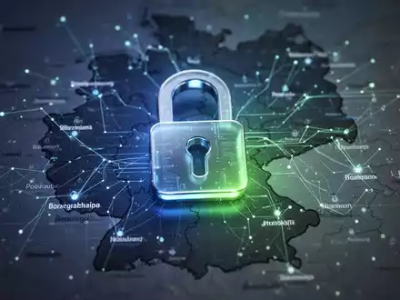 A glowing digital padlock icon over a blurred map of Germany, with data streams connecting cities, symbolizing cybersecurity and regulations. - Foto: über boerse-global.de