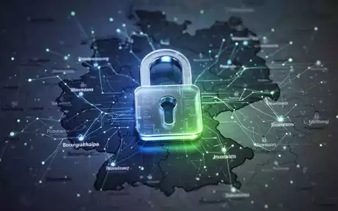 A glowing digital padlock icon over a blurred map of Germany, with data streams connecting cities, symbolizing cybersecurity and regulations. - Foto: über boerse-global.de