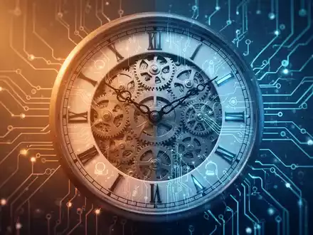 Eine stilisierte Uhr mit Zahnrädern und Schaltkreisen, die biologische Rhythmen und technologische Innovation symbolisiert. - Foto: über boerse-global.de