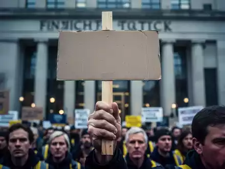 Eine Nahaufnahme einer entschlossenen Hand, die ein Protestschild hält, mit einer verschwommenen Menschenmenge vor einem Bankgebäude im Hintergrund. - Foto: über boerse-global.de