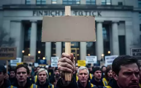 Eine Nahaufnahme einer entschlossenen Hand, die ein Protestschild hält, mit einer verschwommenen Menschenmenge vor einem Bankgebäude im Hintergrund. - Foto: über boerse-global.de