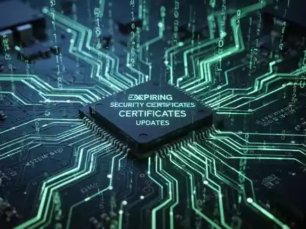 A glowing digital circuit board with lines of data, symbolizing expiring security certificates and system updates. - Foto: über boerse-global.de