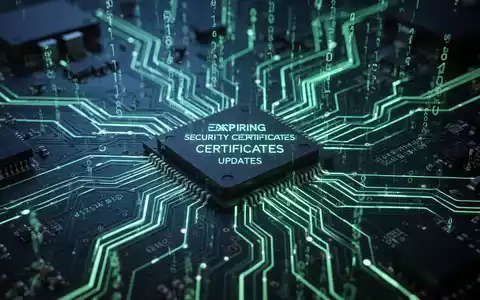 A glowing digital circuit board with lines of data, symbolizing expiring security certificates and system updates. - Foto: über boerse-global.de