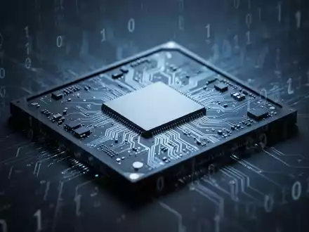 Nahaufnahme eines Mikrochips mit komplexen Schaltkreisen, beleuchtet von blauem Licht, mit unscharfen digitalen Linien im Hintergrund. - Foto: über boerse-global.de