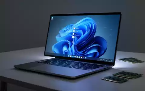 A modern laptop with a Windows 11 screen sits on a desk, next to out-of-focus RAM sticks, symbolizing computing and hardware. - Foto: über boerse-global.de