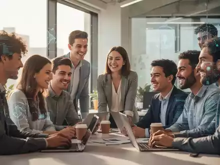 Junge Fachkräfte arbeiten lächelnd in einem modernen Büro zusammen, symbolisierend Optimismus und Resilienz in der Arbeitswelt. - Foto: über boerse-global.de