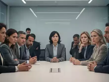 Eine Gruppe von Menschen sitzt an einem Konferenztisch, einige blicken besorgt, während sie über Kommunikation und Konflikte diskutieren. - Foto: über boerse-global.de