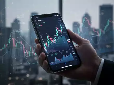 A hand holds a modern smartphone displaying financial growth charts, with a blurred city skyline in the background. - Foto: über boerse-global.de