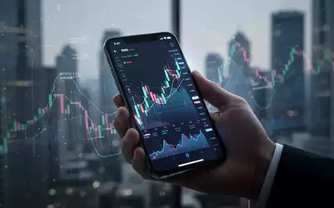 A hand holds a modern smartphone displaying financial growth charts, with a blurred city skyline in the background. - Foto: über boerse-global.de