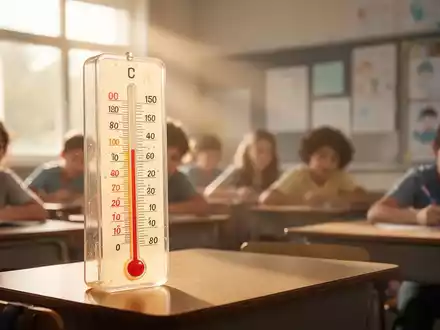 Ein Thermometer zeigt hohe Temperaturen in einem Klassenzimmer, im Hintergrund sind verschwommen Schüler zu sehen, Sonnenstrahlen fallen durch ein Fenster. - Foto: über boerse-global.de