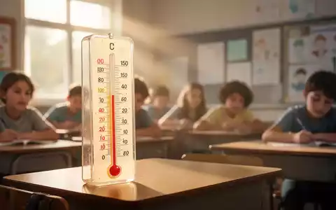 Ein Thermometer zeigt hohe Temperaturen in einem Klassenzimmer, im Hintergrund sind verschwommen Schüler zu sehen, Sonnenstrahlen fallen durch ein Fenster. - Foto: über boerse-global.de