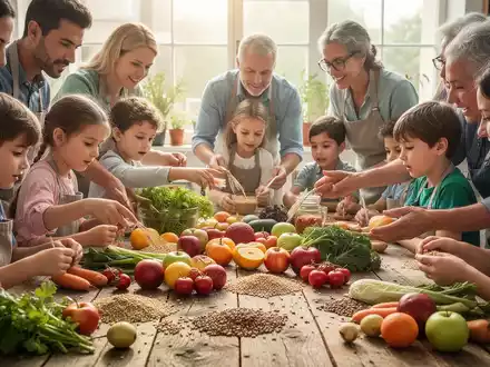 Eine Gruppe von Menschen, darunter Kinder und Erwachsene, nimmt an einem Workshop über Lebensmittel und Ernährung teil. - Foto: über boerse-global.de