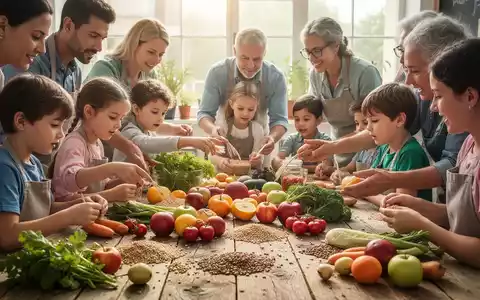 Eine Gruppe von Menschen, darunter Kinder und Erwachsene, nimmt an einem Workshop über Lebensmittel und Ernährung teil. - Foto: über boerse-global.de