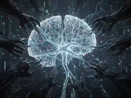 An abstract digital illustration showing a bright, intricate AI neural network being illicitly extracted or pulled apart by dark, shadowy digital tendrils. - Foto: über boerse-global.de