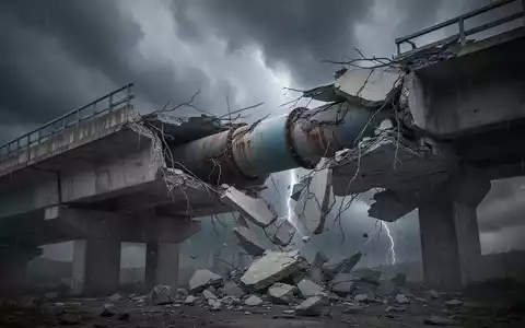 Eine beschädigte Betonbrücke oder Industrieleitung unter einem stürmischen Himmel, die Zusammenbruch und finanziellen Stress symbolisiert. - Foto: über boerse-global.de