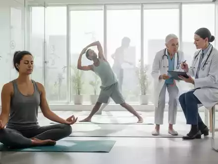 Eine Gruppe von Menschen, die verschiedene Wellness-Aktivitäten ausüben, darunter Meditation, Dehnübungen und Beratung durch einen Arzt. - Foto: über boerse-global.de