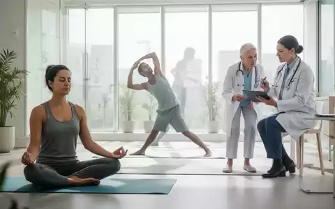 Eine Gruppe von Menschen, die verschiedene Wellness-Aktivitäten ausüben, darunter Meditation, Dehnübungen und Beratung durch einen Arzt. - Foto: über boerse-global.de