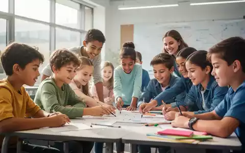 Eine Gruppe von Kindern und Jugendlichen nimmt an einer Gruppenaktivität in einem modernen Klassenzimmer teil. - Foto: über boerse-global.de