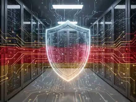 Abstract digital network with data streams, a glowing shield, and server racks, symbolizing cybersecurity in Germany. - Foto: über boerse-global.de
