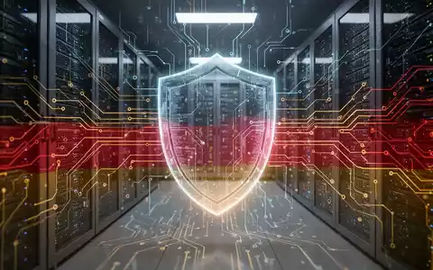 Abstract digital network with data streams, a glowing shield, and server racks, symbolizing cybersecurity in Germany. - Foto: über boerse-global.de