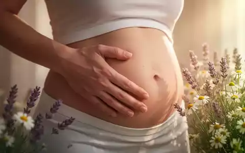 Eine Frau hält ihre Hand an den Unterbauch, um Schmerzen zu lindern, mit verschwommenen Kräutern im Hintergrund. - Foto: über boerse-global.de