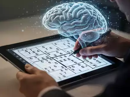 Hände lösen ein Sudoku-Rätsel auf einem Tablet, mit einer stilisierten Gehirngrafik im Hintergrund, die kognitive Aktivität andeutet. - Foto: über boerse-global.de