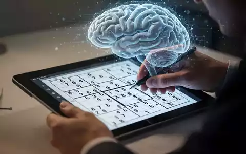 Hände lösen ein Sudoku-Rätsel auf einem Tablet, mit einer stilisierten Gehirngrafik im Hintergrund, die kognitive Aktivität andeutet. - Foto: über boerse-global.de